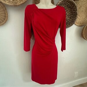 Calvin Klein Fitted Red Ruched Faux Wrap Dress with 3/4 Sleeves. Size 2